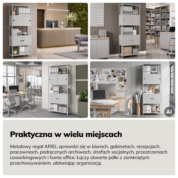 Regał na segregatory z szafką zamykaną, biurowy, otwarte półki, metalowy szary, 800x2200x400 mm: ARIEL