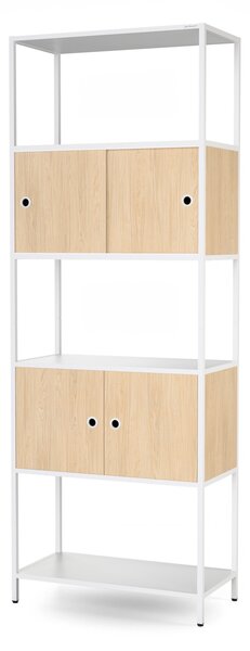 Regał na segregatory z szafką zamykaną, biurowy, otwarte półki, metalowy biały/dąb sonoma, 800x2200x400 mm: ARIEL Eco Design