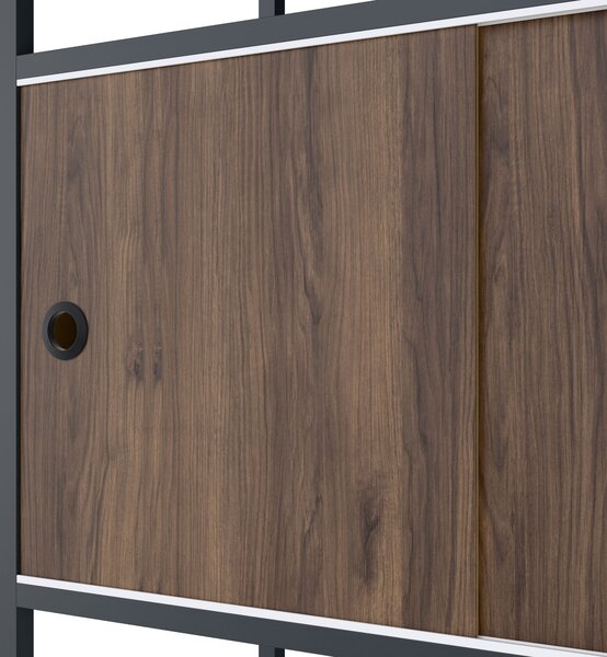 Regał na segregatory z szafką zamykaną, biurowy, otwarte półki, metalowy antracytowy/orzech, 800x2200x400 mm: ARIEL Eco Design