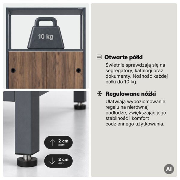 Regał na segregatory z szafką zamykaną, biurowy, otwarte półki, metalowy antracytowy/orzech, 800x2200x400 mm: ARIEL Eco Design