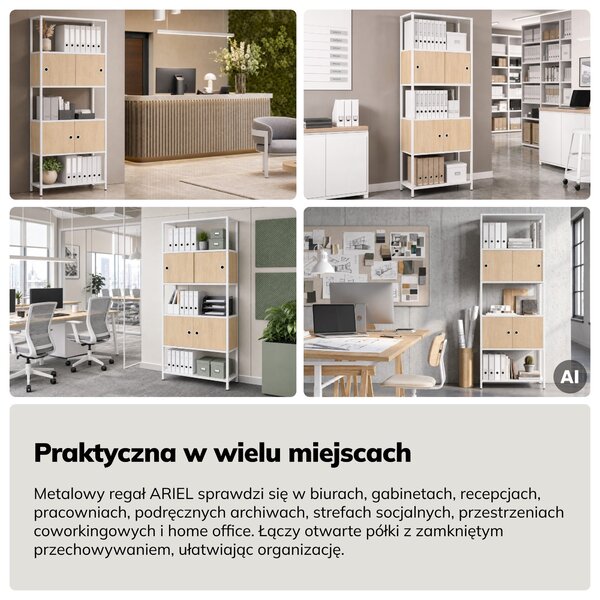 Regał na segregatory z szafką zamykaną, biurowy, otwarte półki, metalowy biały/dąb sonoma, 800x2200x400 mm: ARIEL Eco Design