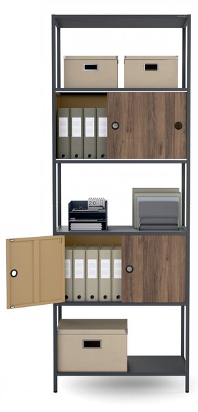 Regał na segregatory z szafką zamykaną, biurowy, otwarte półki, metalowy antracytowy/orzech, 800x2200x400 mm: ARIEL Eco Design