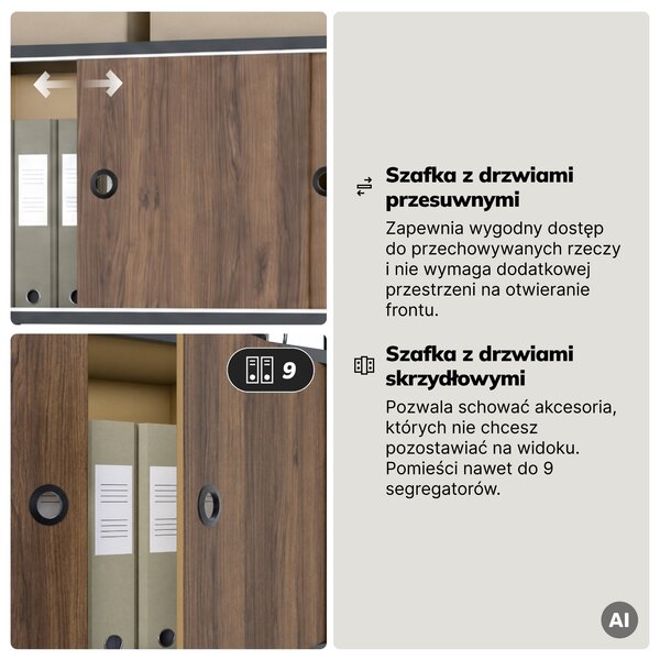Regał na segregatory z szafką zamykaną, biurowy, otwarte półki, metalowy antracytowy/orzech, 800x2200x400 mm: ARIEL Eco Design