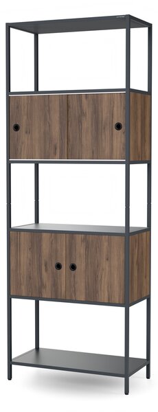 Regał na segregatory z szafką zamykaną, biurowy, otwarte półki, metalowy antracytowy/orzech, 800x2200x400 mm: ARIEL Eco Design