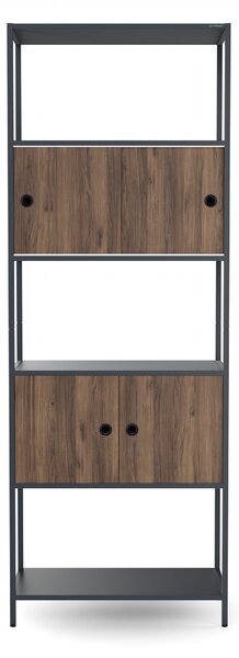 Regał na segregatory z szafką zamykaną, biurowy, otwarte półki, metalowy antracytowy/orzech, 800x2200x400 mm: ARIEL Eco Design