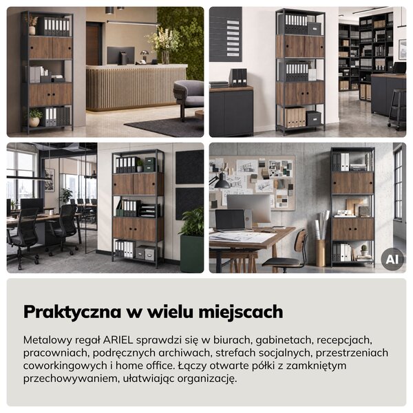 Regał na segregatory z szafką zamykaną, biurowy, otwarte półki, metalowy antracytowy/orzech, 800x2200x400 mm: ARIEL Eco Design