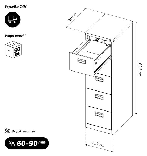 Szafa kartotekowa metalowa z 5 szufladami biała, 460x1625.5x600 mm: SARA V5