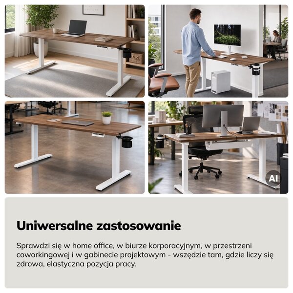 Duże biurko sit-stand do pracy Aria 160×80 cm, orzech/biały