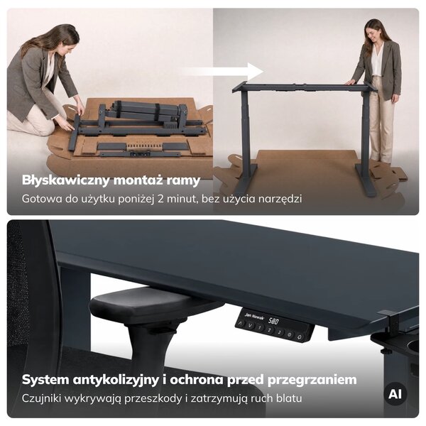 Duże biurko sit-stand do pracy Aria 160×80 cm, blat biały/podstawa antracyt