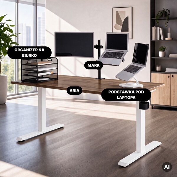 Duże biurko sit-stand do pracy Aria 160×80 cm, orzech/biały