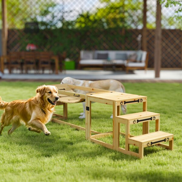 Zestaw do agility dla psów, 3-częściowy, z mostkiem, schodami i platformą, stacja treningowa z drewna jodłowego, drewno naturalne | 117 x 50 x 56 cm | do 40 kg | dla dużych psów