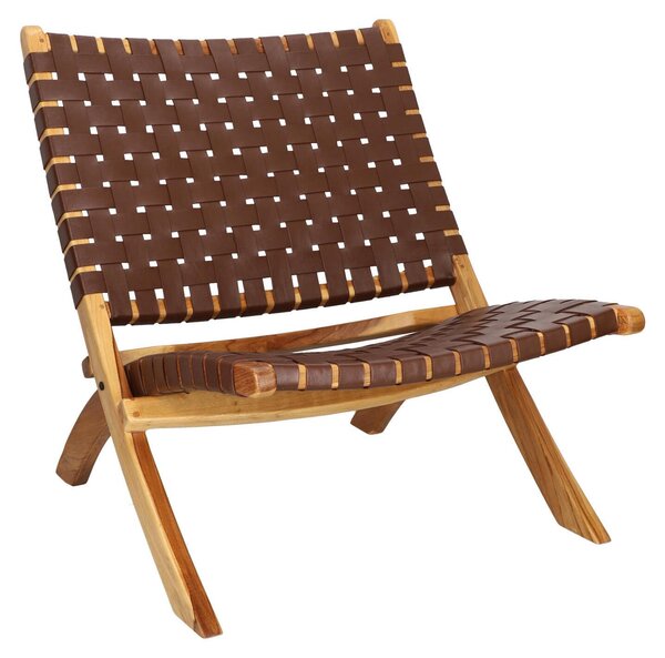 Fotel drewniany krzesło siedzisko skórzane boho do salonu 66 cm