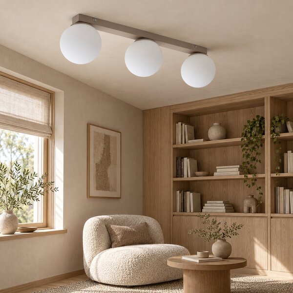 Lampa sufitowa Aurelia beżowa z 3 kulistymi kloszami na listwie