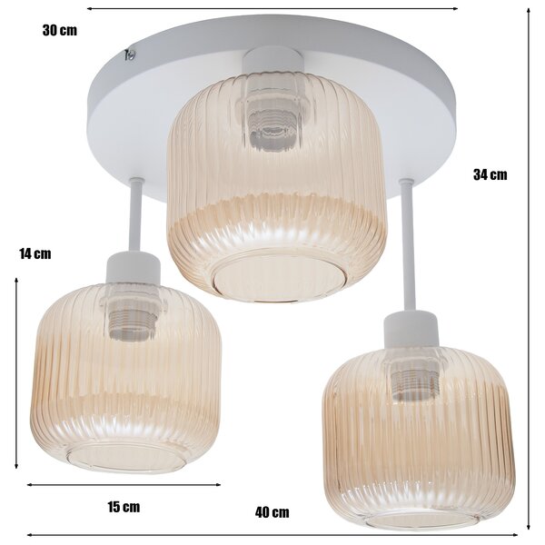 Lampa sufitowa Maria biała z trzema bursztynowymi, ryflowanymi kloszami