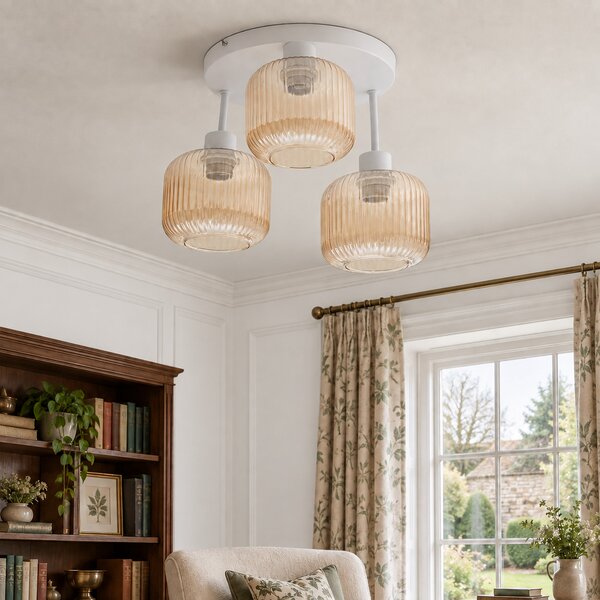Lampa sufitowa Maria biała z trzema bursztynowymi, ryflowanymi kloszami