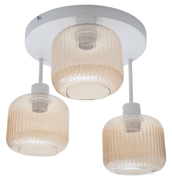 Lampa sufitowa Maria biała z trzema bursztynowymi, ryflowanymi kloszami