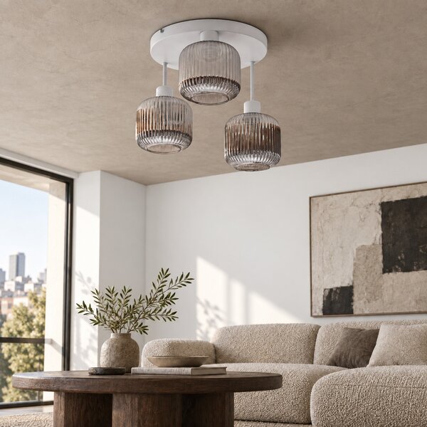 Lampa sufitowa Maria biała z trzema przydymionymi, ryflowanymi kloszami