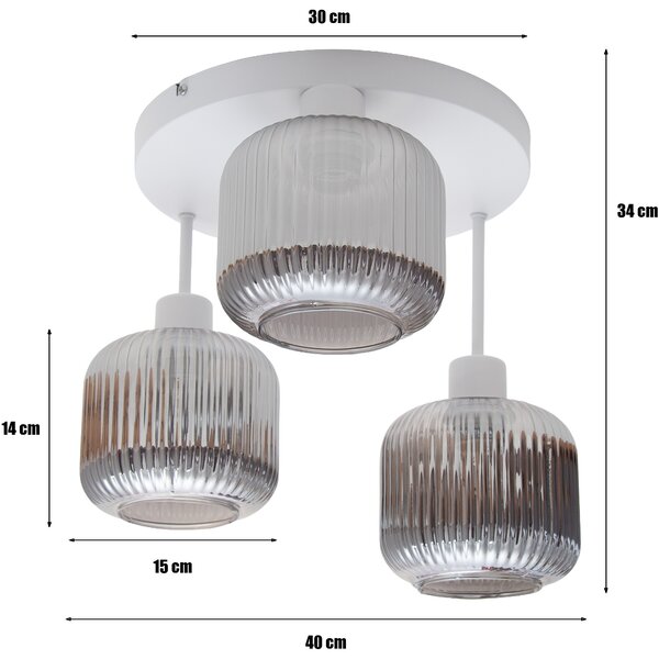 Lampa sufitowa Maria biała z trzema przydymionymi, ryflowanymi kloszami