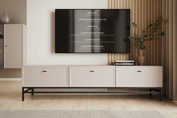 Szafka RTV Lorini 200 cm z szufladami - kaszmir / czarne uchwyty T-bar / stelaż