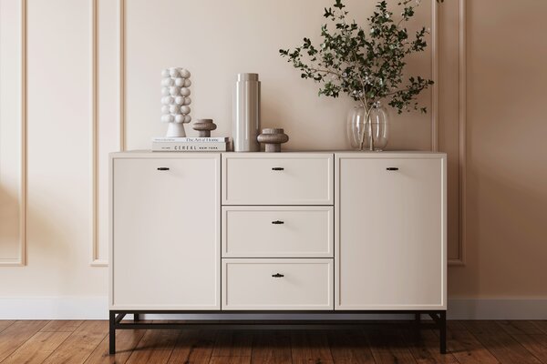 Komoda Lorini 150 cm z szufladami - kaszmir / czarne uchwyty T-bar / stelaż