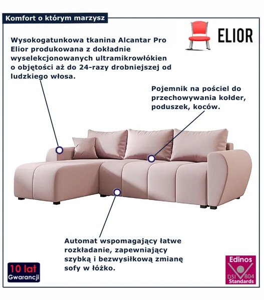 Różowy narożnik rozkładany w kształcie L L6-P11