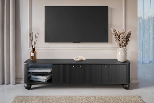 Szafka RTV Vesper 187 cm trzydrzwiowa - czarny / złote uchwyty / nogi kule