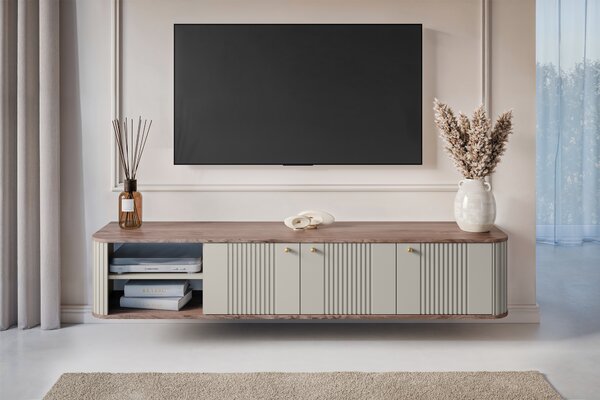 Szafka RTV wisząca Vesper 187 cm trzydrzwiowa - kaszmir / orzech / złote uchwyty
