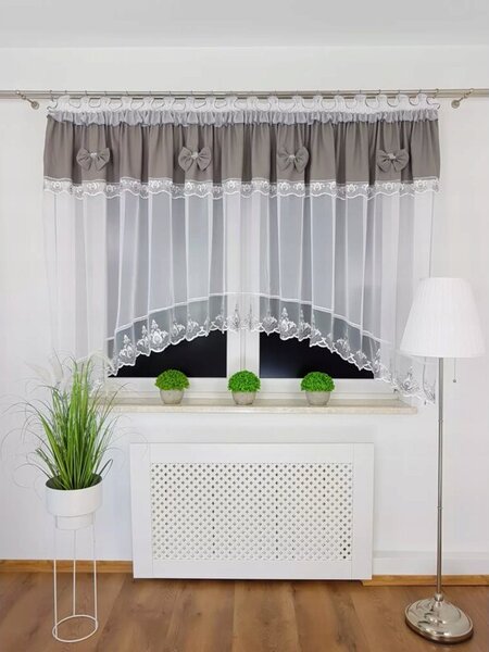 Firana gotowa 400x160 cm z szarymi kokardkami i haftem