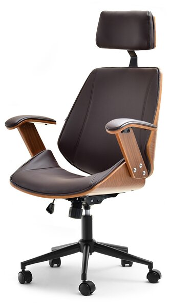 Drewniany fotel biurowy w stylu loft frank ze skóry eko brąz - korpus orzech z mechanizmem tilt