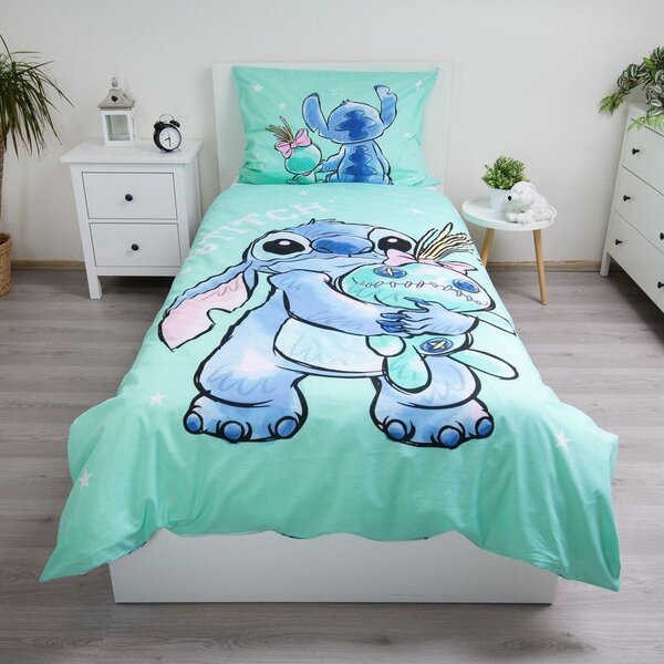 Miętowa bawełniana pościel dziecięca jednoosobowa 140x200 cm Lilo & Stitch "Buddies" – Jerry Fabrics
