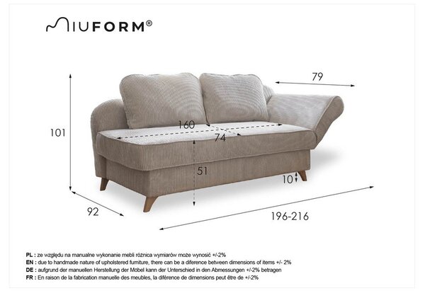 Jasnoszary sztruksowy szezlong (prawostronny) Chic Charlotte – Miuform