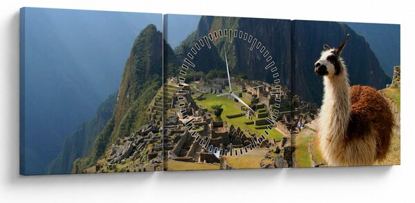 Obraz - Lama i Machu Picchu (z zegarem) (90x30 cm)