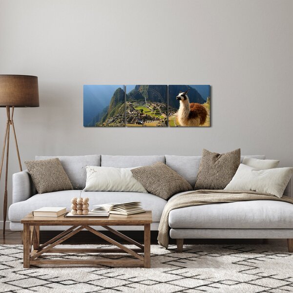 Obraz - Lama i Machu Picchu (z zegarem) (90x30 cm)