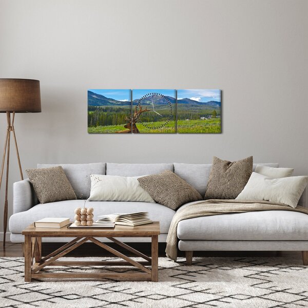 Obraz - Jeleń na łące (z zegarem) (90x30 cm)