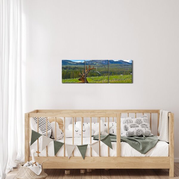 Obraz - Jeleń na łące (z zegarem) (90x30 cm)