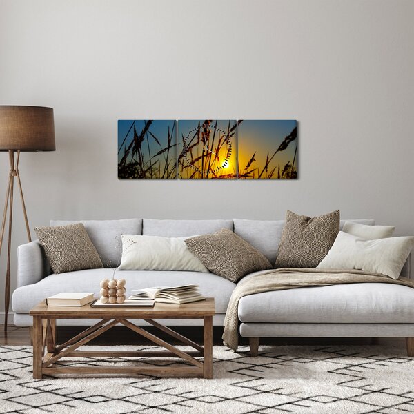 Obraz - Zachód słońca na łące (z zegarem) (90x30 cm)