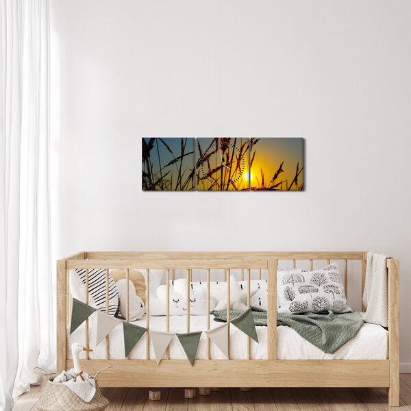Obraz - Zachód słońca na łące (z zegarem) (90x30 cm)