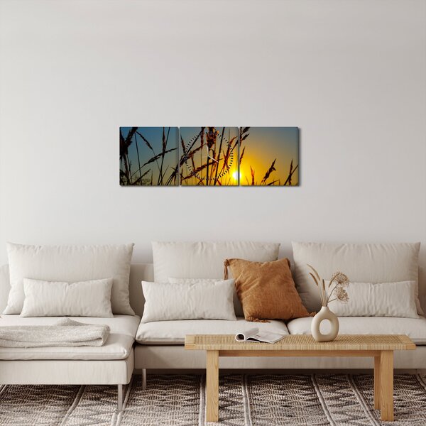 Obraz - Zachód słońca na łące (z zegarem) (90x30 cm)