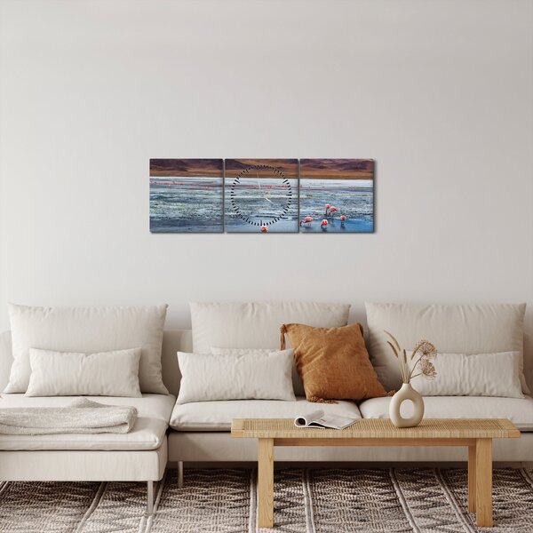 Obraz - Flamingi (z zegarem) (90x30 cm)