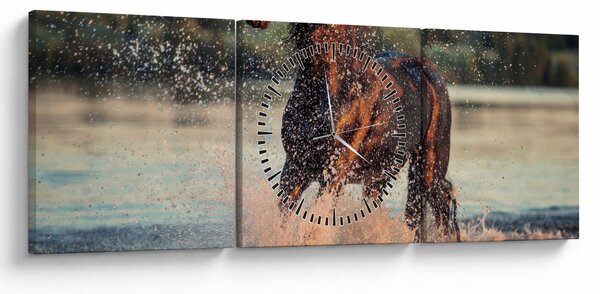 Obraz - Biegnący koń (z zegarem) (90x30 cm)