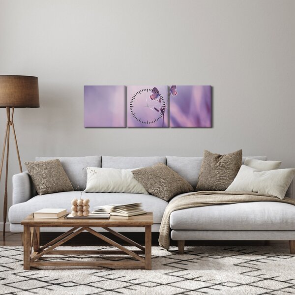 Obraz - Fioletowe motyle (z zegarem) (90x30 cm)