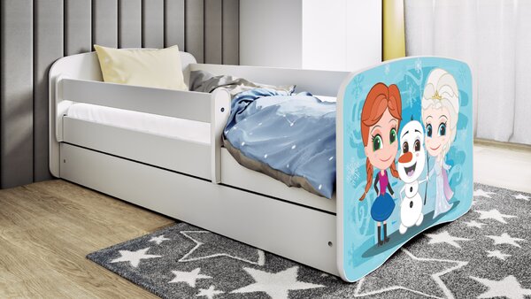 Łóżko dziecięce białe z szufladą 160x80 i kolorowym wzorem Kraina Lodu