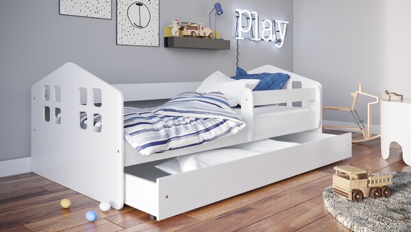 Łóżko dziecięce białe z szufladą 140x80 i uroczymi frontami w kształcie domku