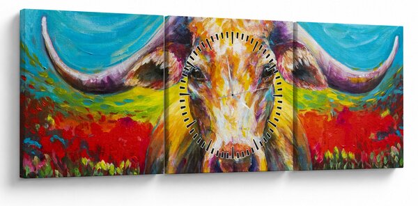 Obraz - Malowana krowa (z zegarem) (90x30 cm)