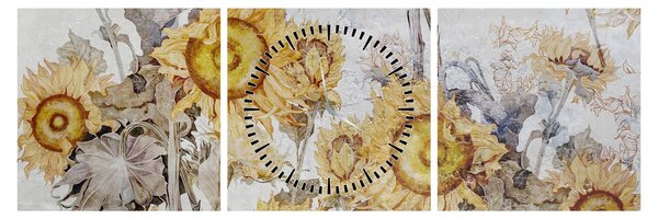 Obraz - Słoneczniki na ścianie (z zegarem) (90x30 cm)