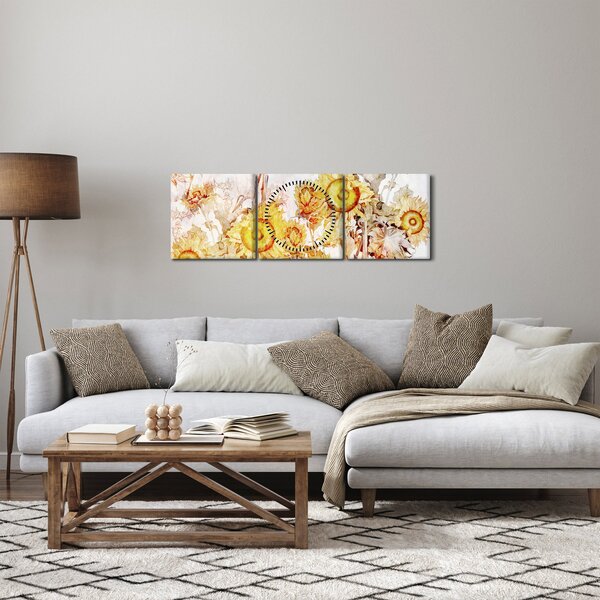 Obraz - Słoneczniki, malarstwo (z zegarem) (90x30 cm)