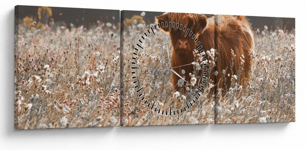 Obraz - Szkocka krowa w kwiatach (z zegarem) (90x30 cm)