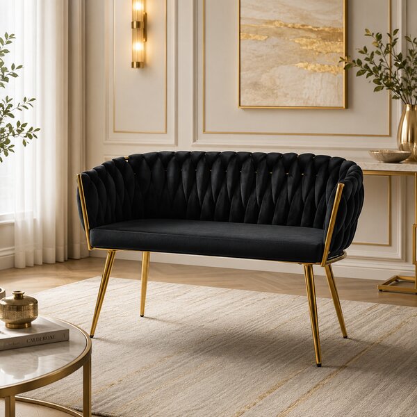 Sofa pleciona glamour dwuosobowa do recepcji czarna welurowa złota ROSA