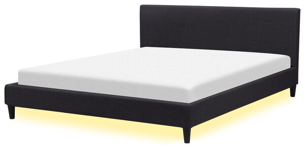 Podwójne łóżko tapicerowane 180 x 200 cm czarne LED ze stelażem zagłówkiem Fitou Beliani