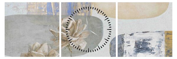 Obraz - Obraz z kwiatami i teksturami (z zegarem) (90x30 cm)